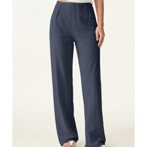 OGL Cotton Linen Blend Lightweight Side Zip Straight Leg Pants Navy Size Small